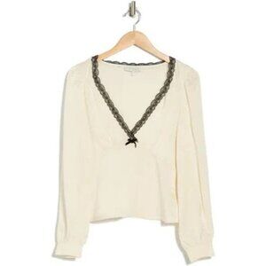WAYF Cream Long Sleeve V-Neck Blouse With Black Lace Trim & Button Cuffs
